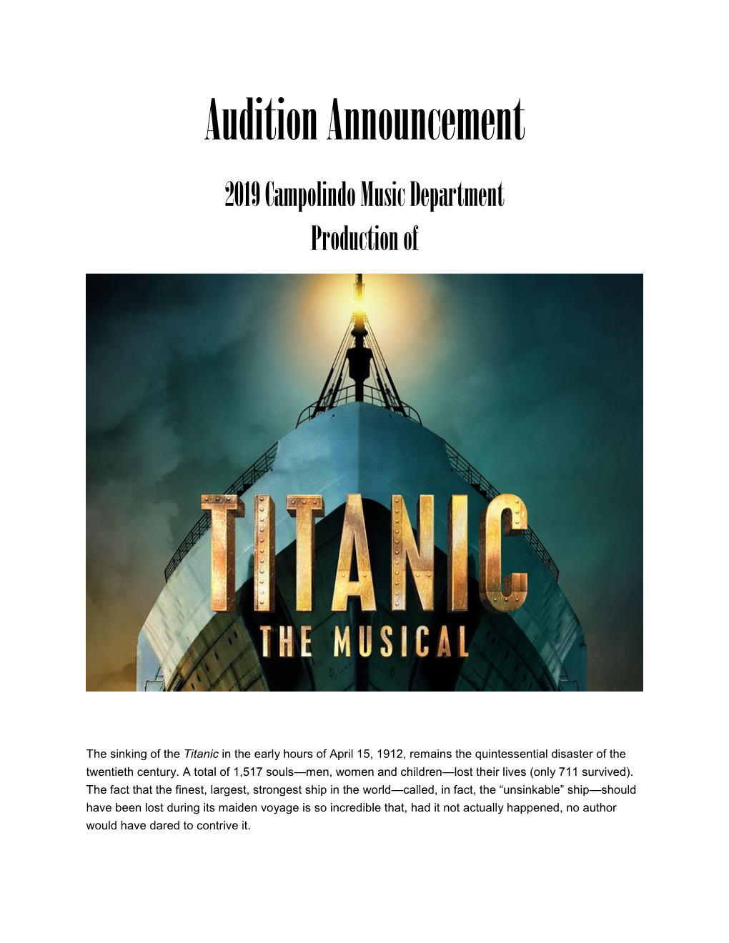 Audition Announcement 2019 Campolindo Music Department Production Of