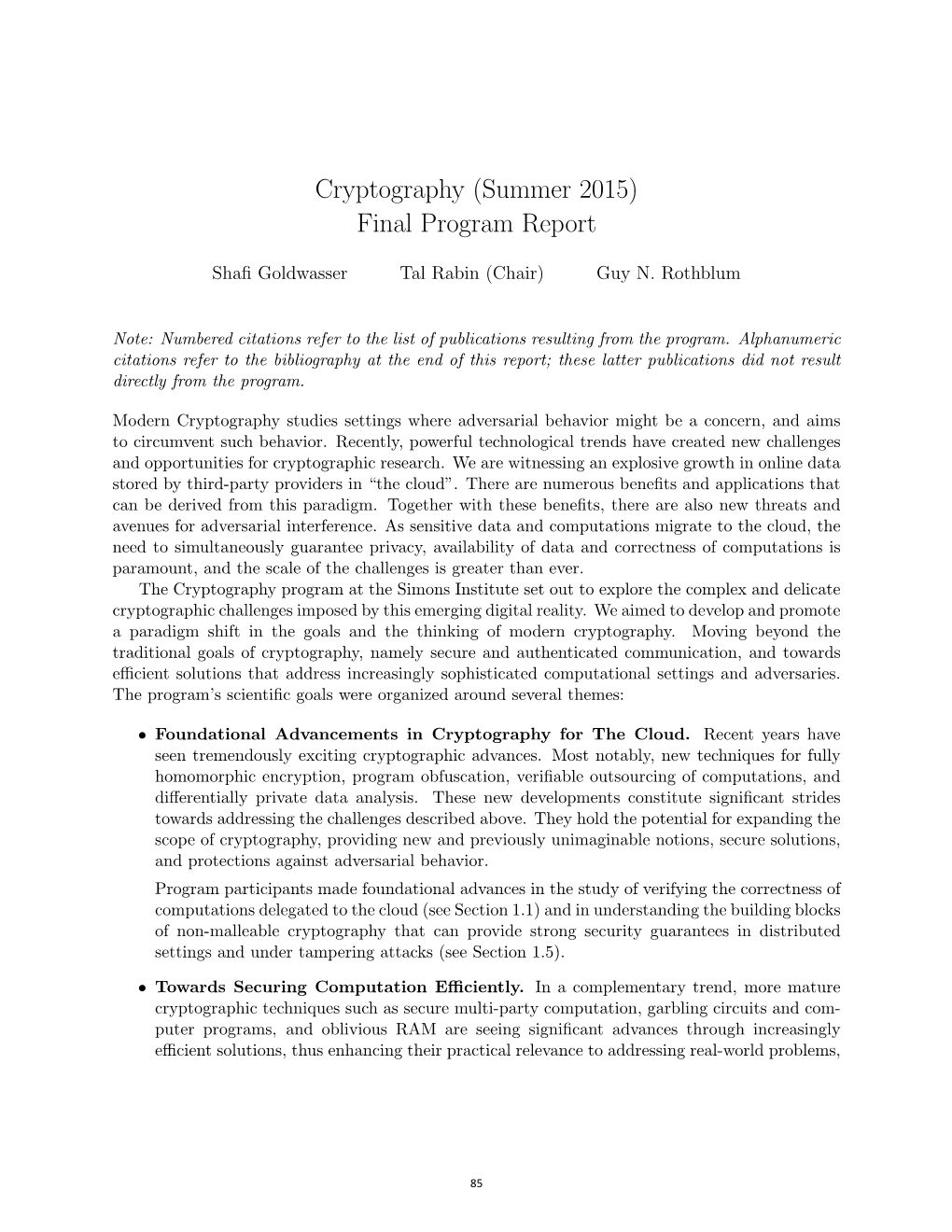 Cryptography (Summer 2015) Final Program Report