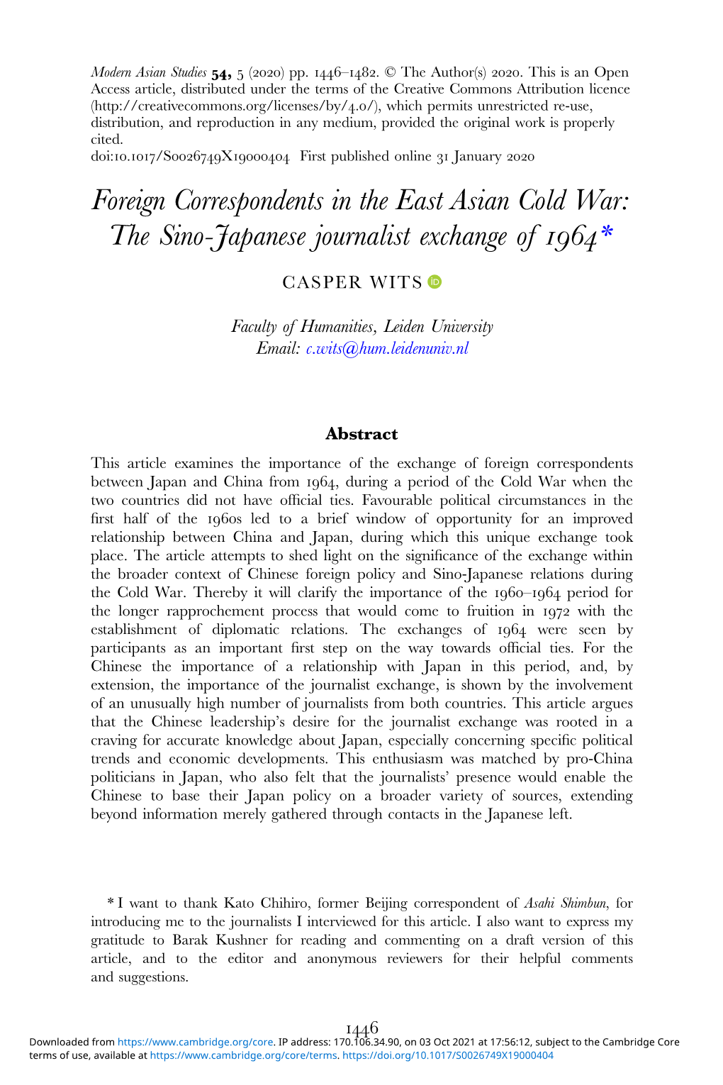 Foreign Correspondents in the East Asian Cold War: the Sino-Japanese Journalist Exchange of *