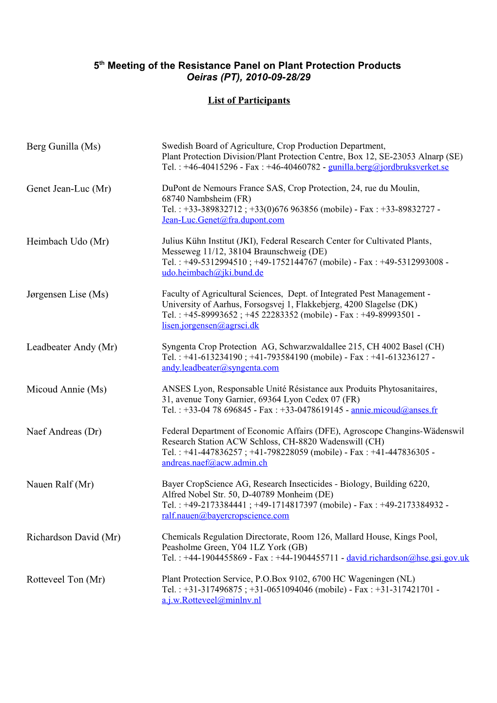 5Th Meeting of the Resistance Panel on Plant Protection Products