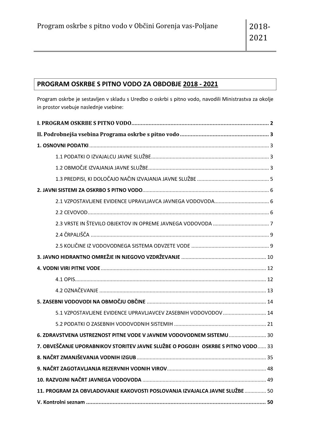 Program Oskrbe S Pitno Vodo V Občini Gorenja Vas-Poljane 2018- 2021