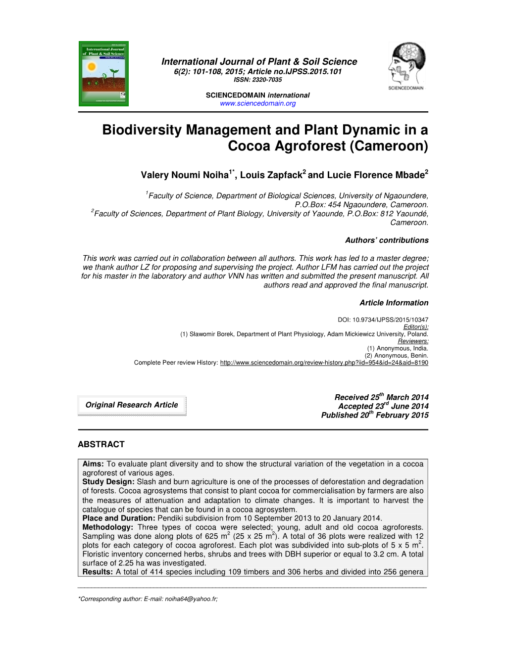 Biodiversity Management and Plant Dynamic in a Cocoa Agroforest (Cameroon)