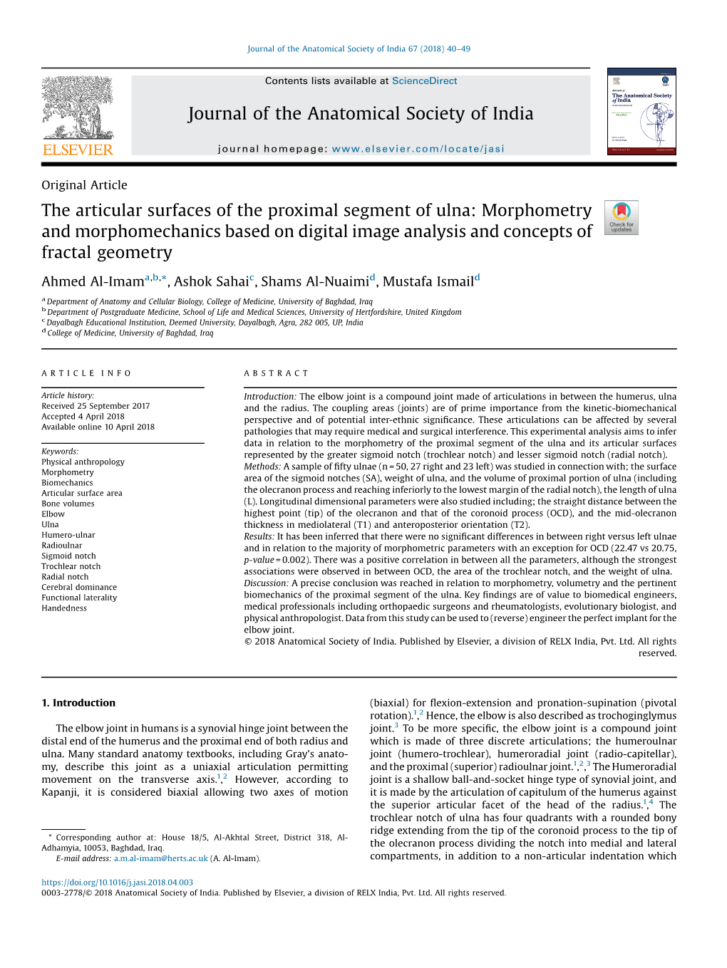 The Articular Surfaces of the Proximal Segment of Ulna: Morphometry