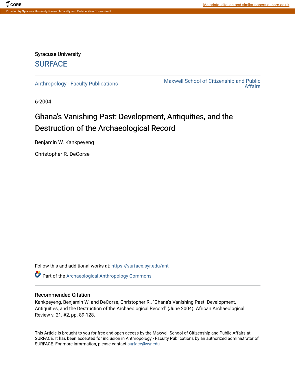 Ghana's Vanishing Past: Development, Antiquities, and the Destruction of the Archaeological Record