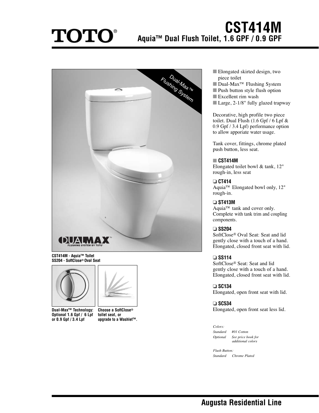 CST414M Aquia™ Dual Flush Toilet, 1.6 GPF / 0.9 GPF