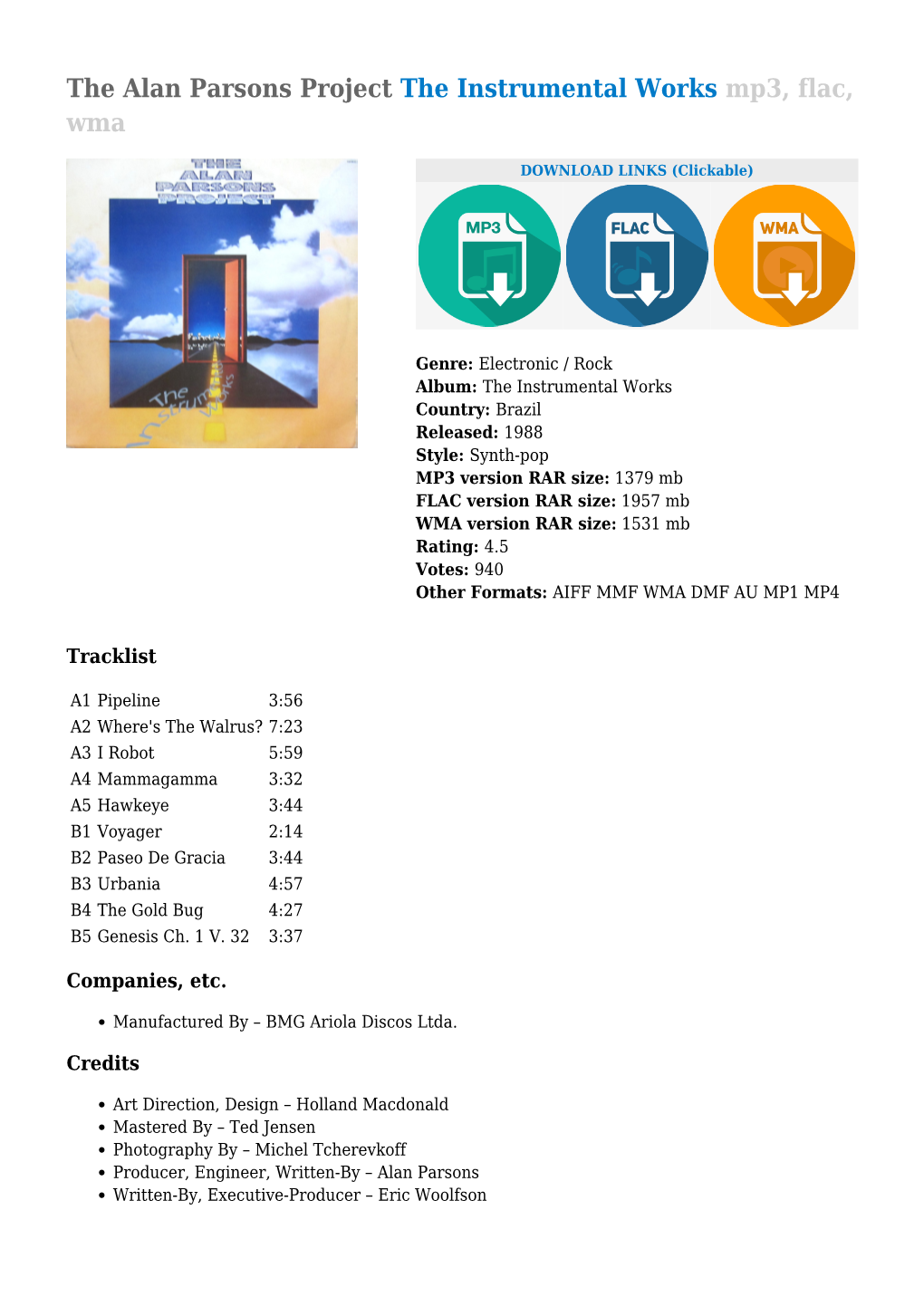 The Alan Parsons Project the Instrumental Works Mp3, Flac, Wma