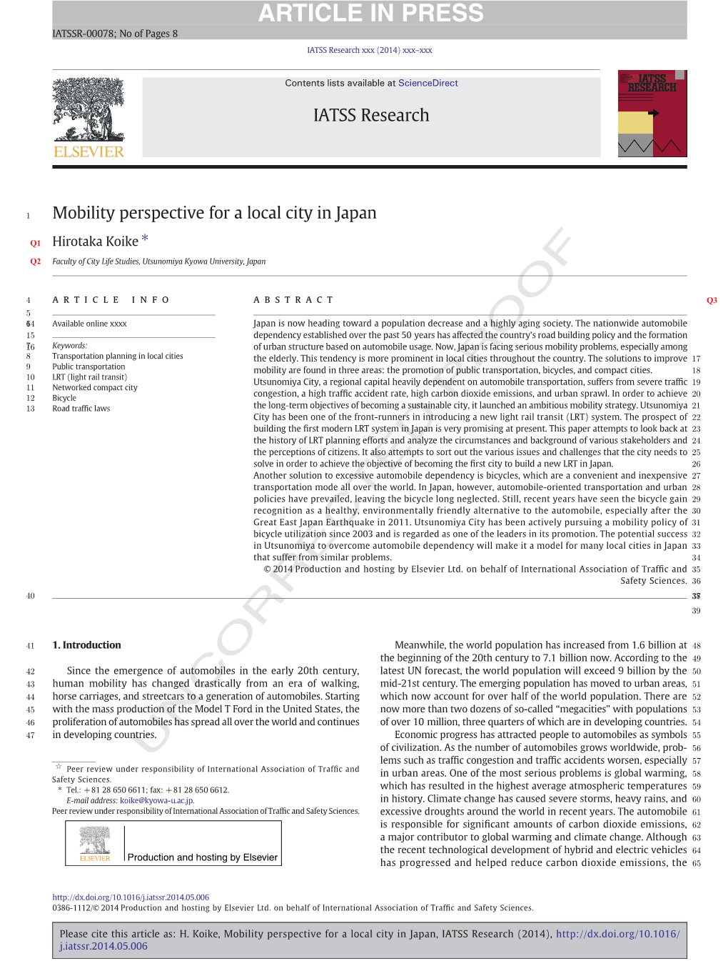 Mobility Perspective for a Local City in Japan