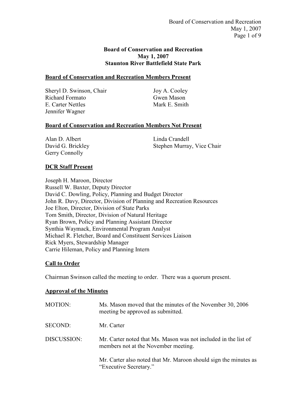 Board of Conservation and Recreation May 1, 2007 Page 1 of 9