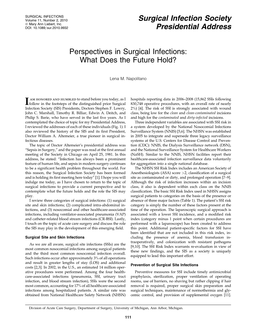 Perspectives in Surgical Infections: What Does the Future Hold?