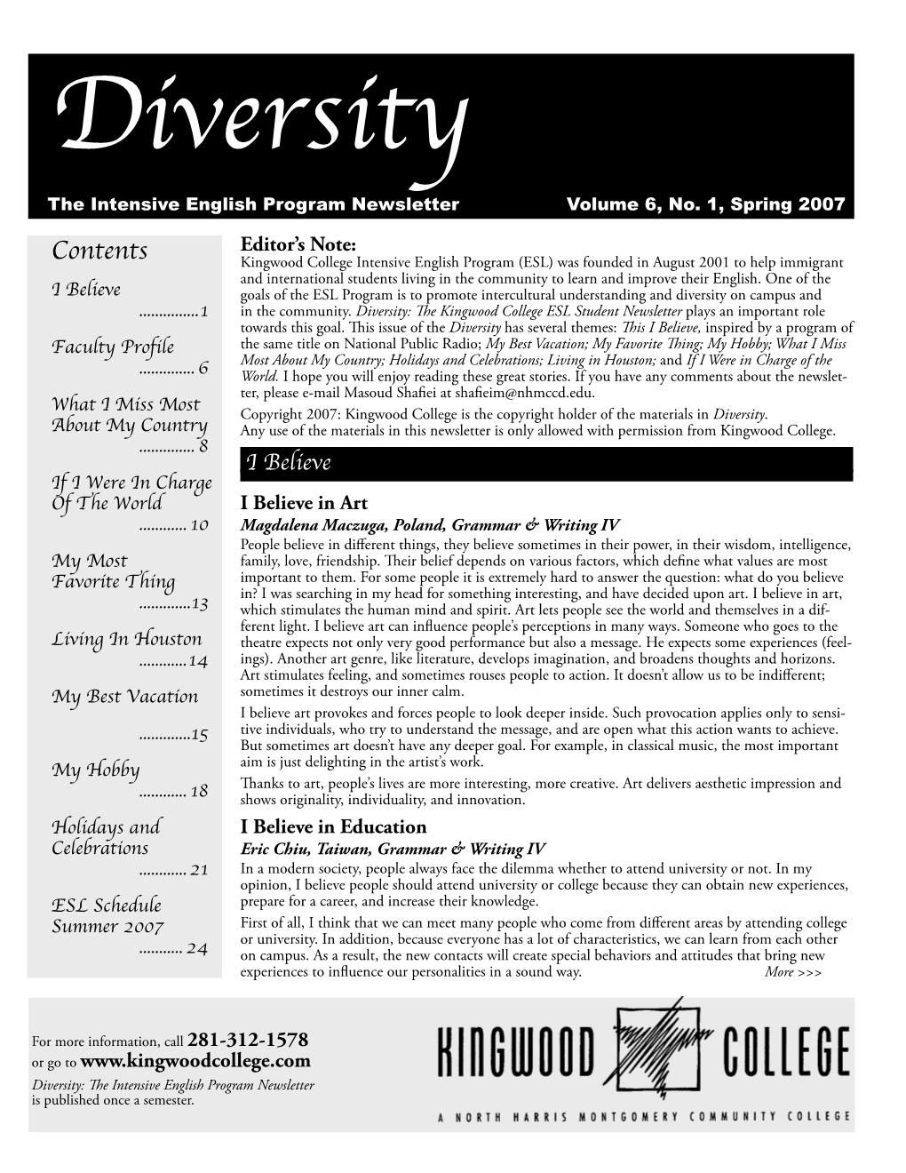 Diversity the Intensive English Program Newsletter Volume 6, No