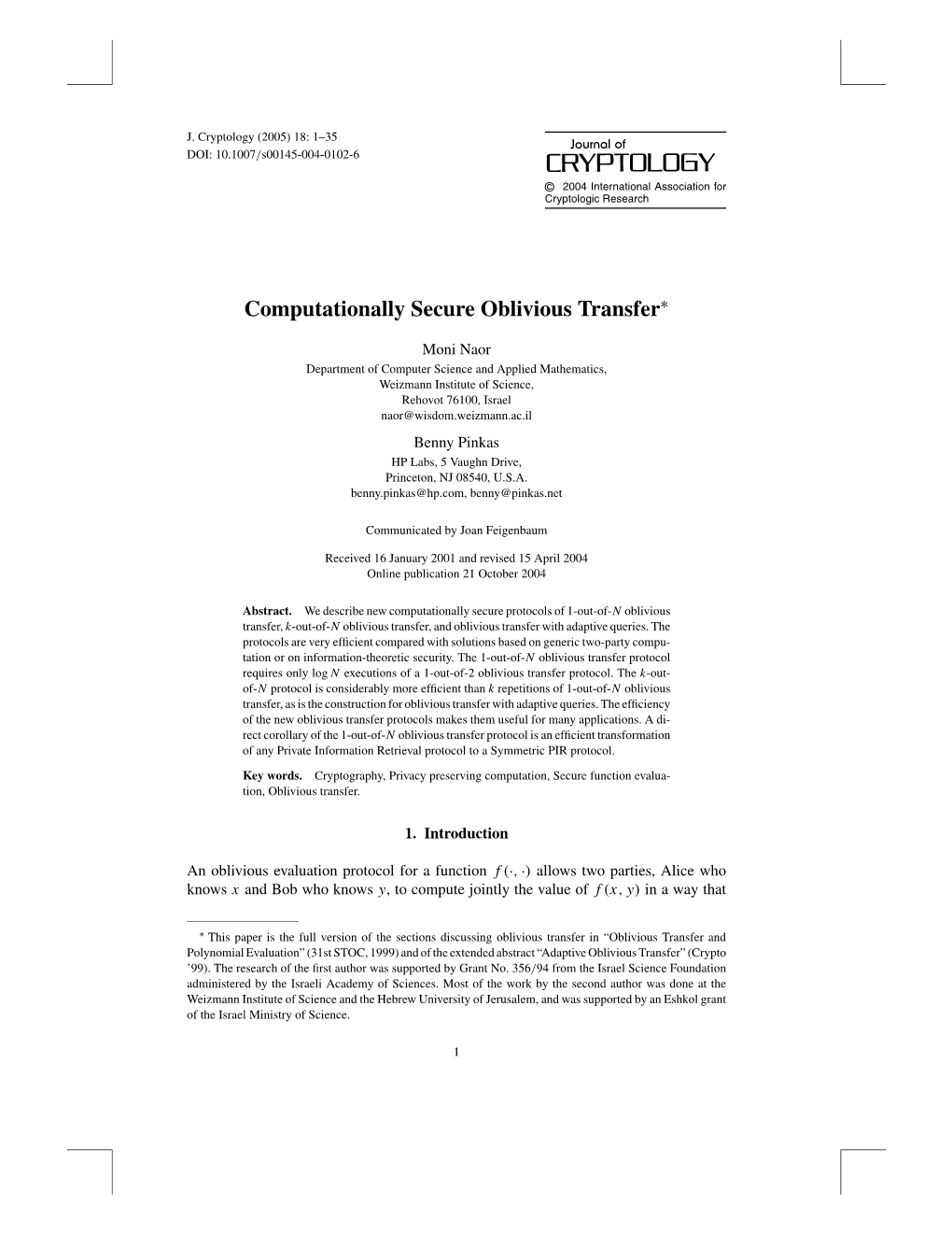 Computationally Secure Oblivious Transfer∗