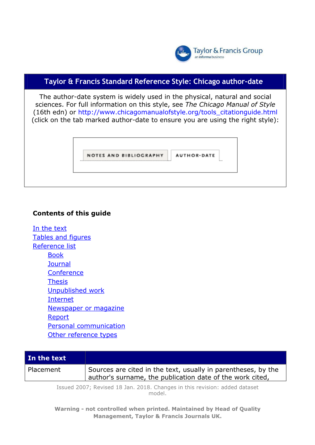 Taylor & Francis Standard Reference Style: Chicago Author-Date