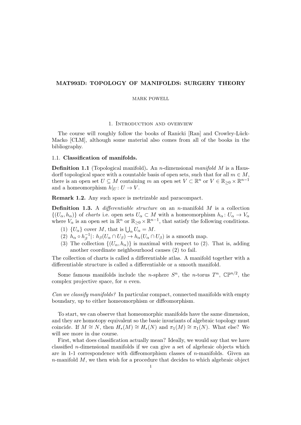 Mat993d: Topology of Manifolds: Surgery Theory