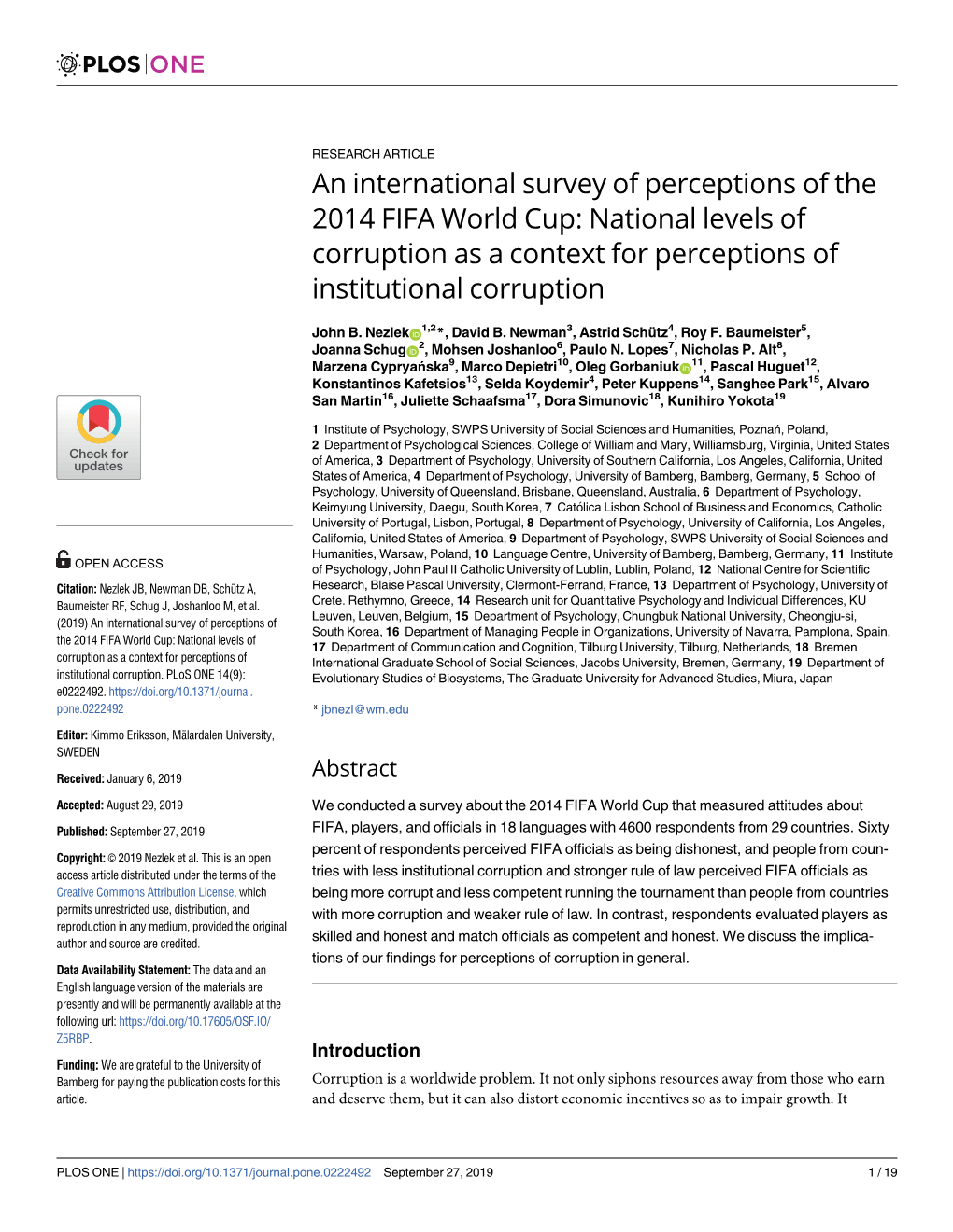 An International Survey of Perceptions of the 2014 FIFA World Cup: National Levels of Corruption As a Context for Perceptions of Institutional Corruption