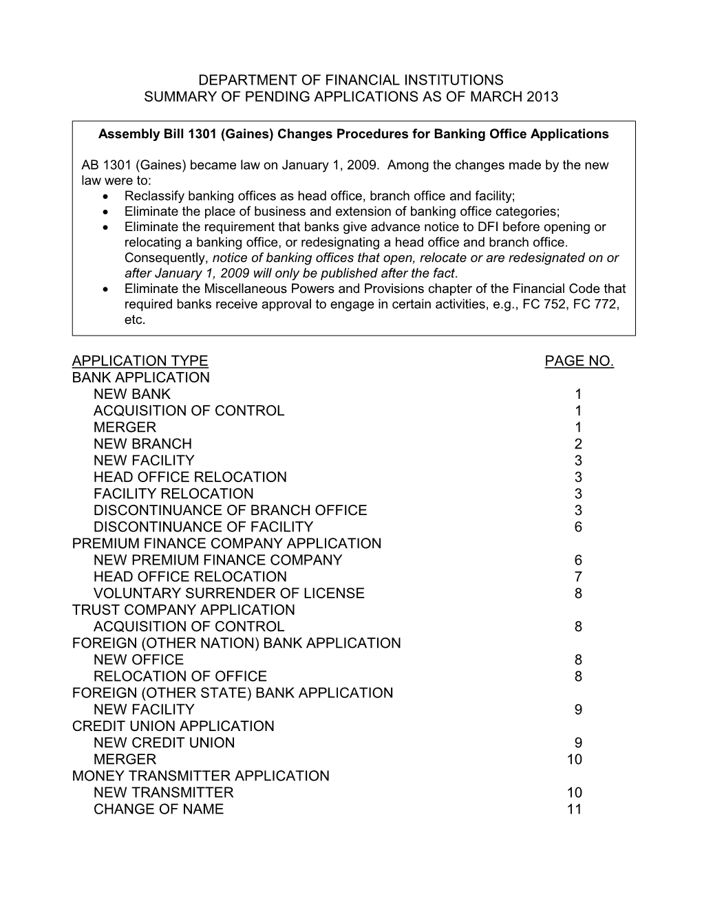 Department of Financial Institutions Summary of Pending Applications As of March 2013