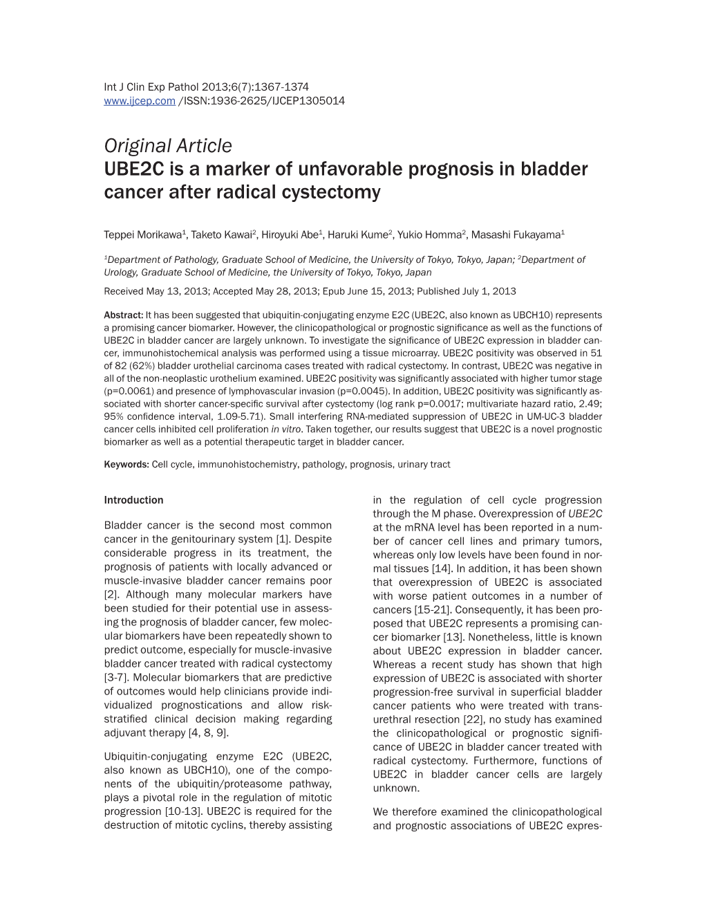 Original Article UBE2C Is a Marker of Unfavorable Prognosis in Bladder Cancer After Radical Cystectomy