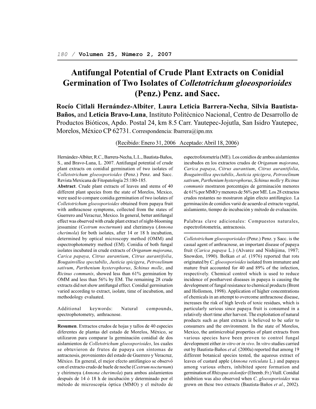 Antifungal Potential of Crude Plant Extracts on Conidial Germination of Two Isolates of Colletotrichum Gloeosporioides (Penz.) Penz