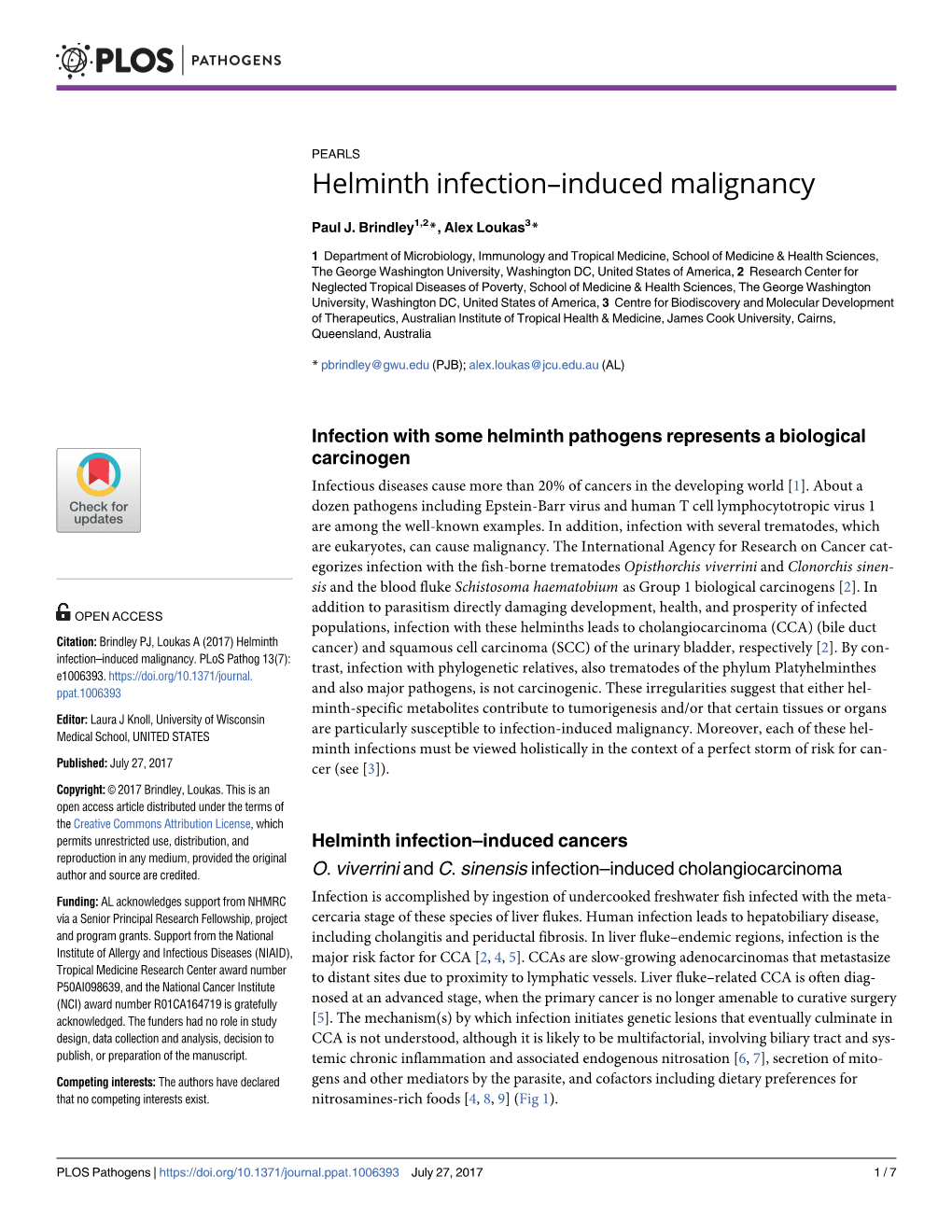 Helminth Infection–Induced Malignancy