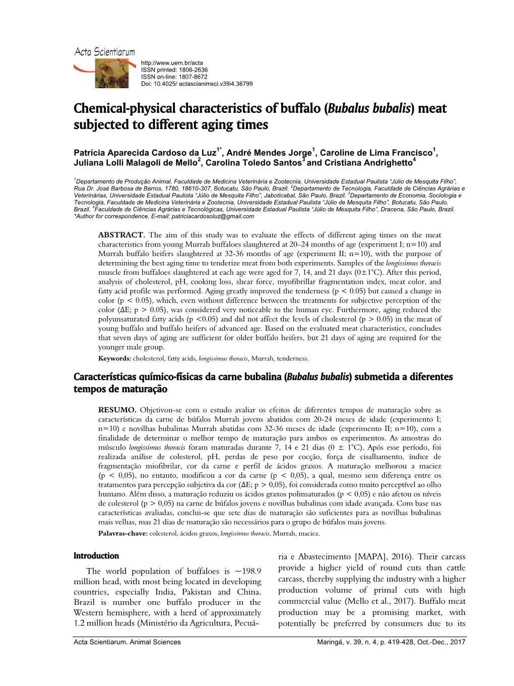 Chemical-Physical Characteristics of Buffalo (Bubalus Bubalis) Meat Subjected to Different Aging Times