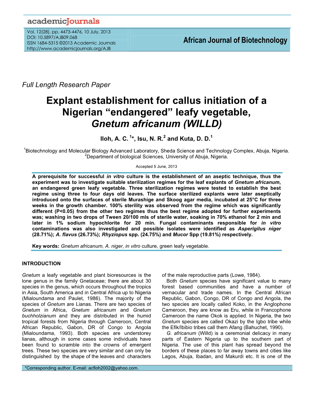 Explant Establishment for Callus Initiation of a Nigerian “Endangered” Leafy Vegetable, Gnetum Africanum (WILLD)