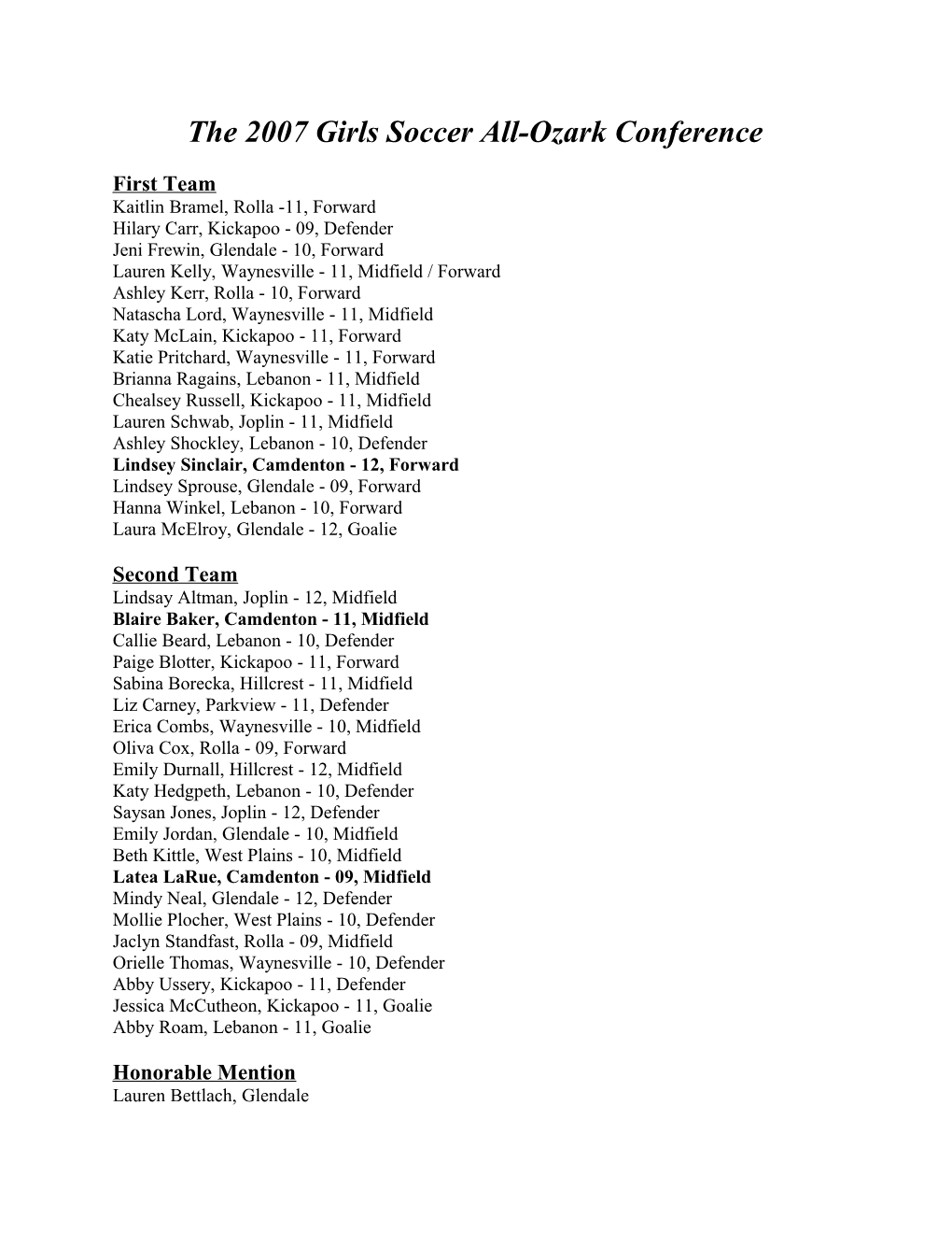 The 2007 Girls Soccer All-Ozark Conference