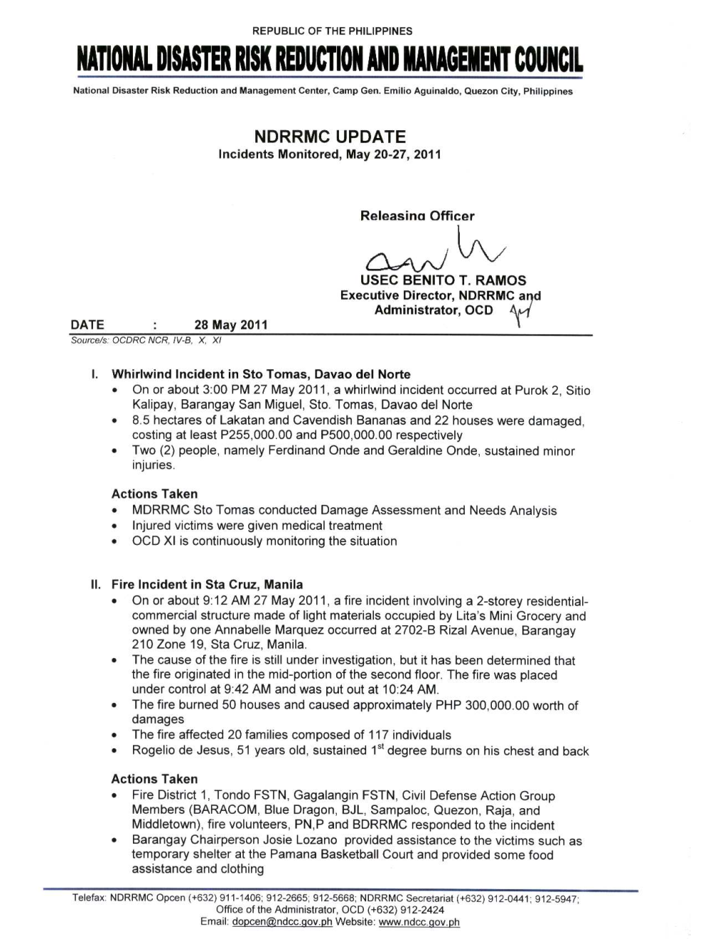 NDRRMC Update Re Incidents Monitored 27May 11
