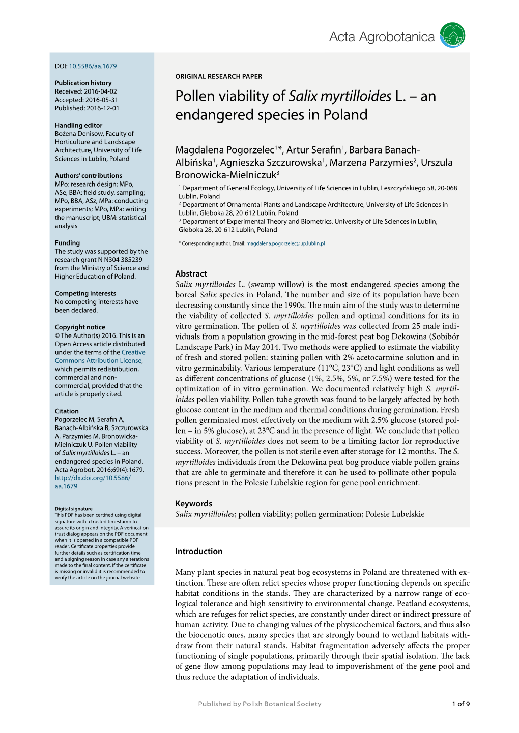 Pollen Viability of Salix Myrtilloides L