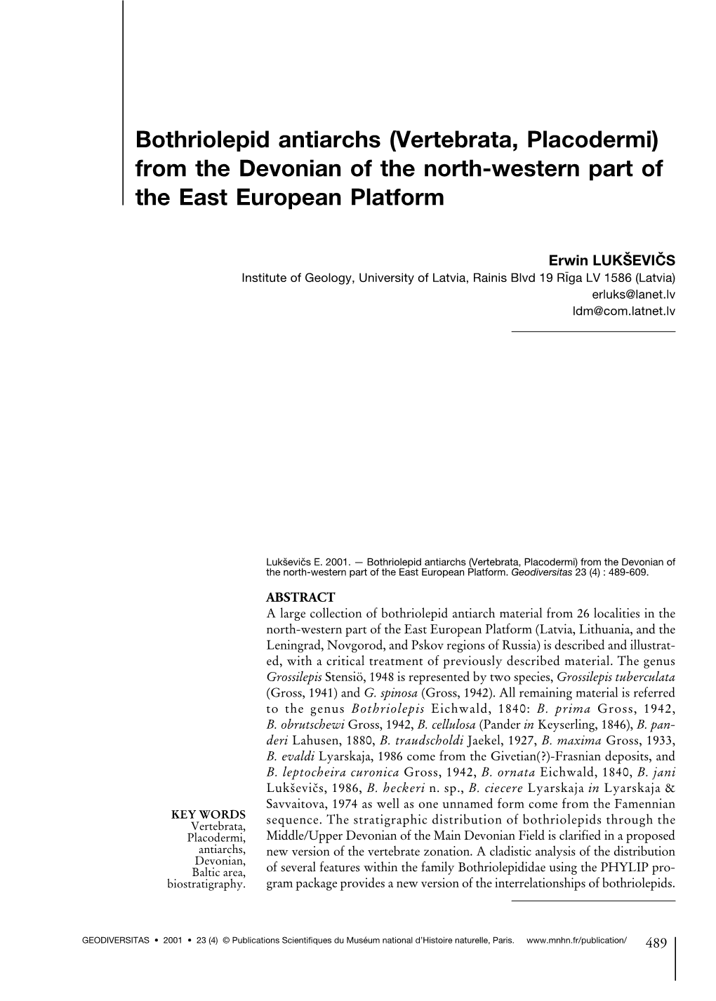 Bothriolepid Antiarchs (Vertebrata, Placodermi) from the Devonian of the North-Western Part of the East European Platform