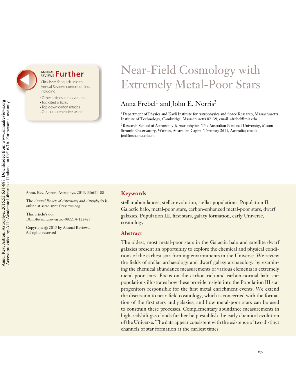 Near-Field Cosmology with Extremely Metal-Poor Stars