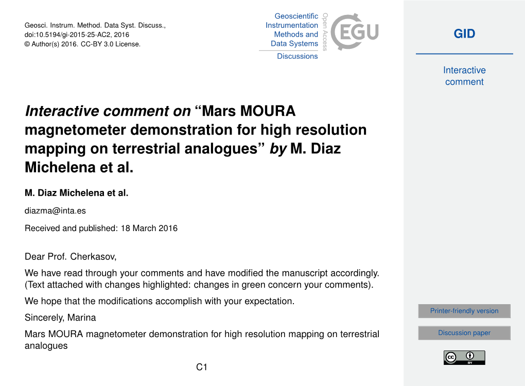 Interactive Comment on “Mars MOURA Magnetometer Demonstration for High Resolution Mapping on Terrestrial Analogues” by M