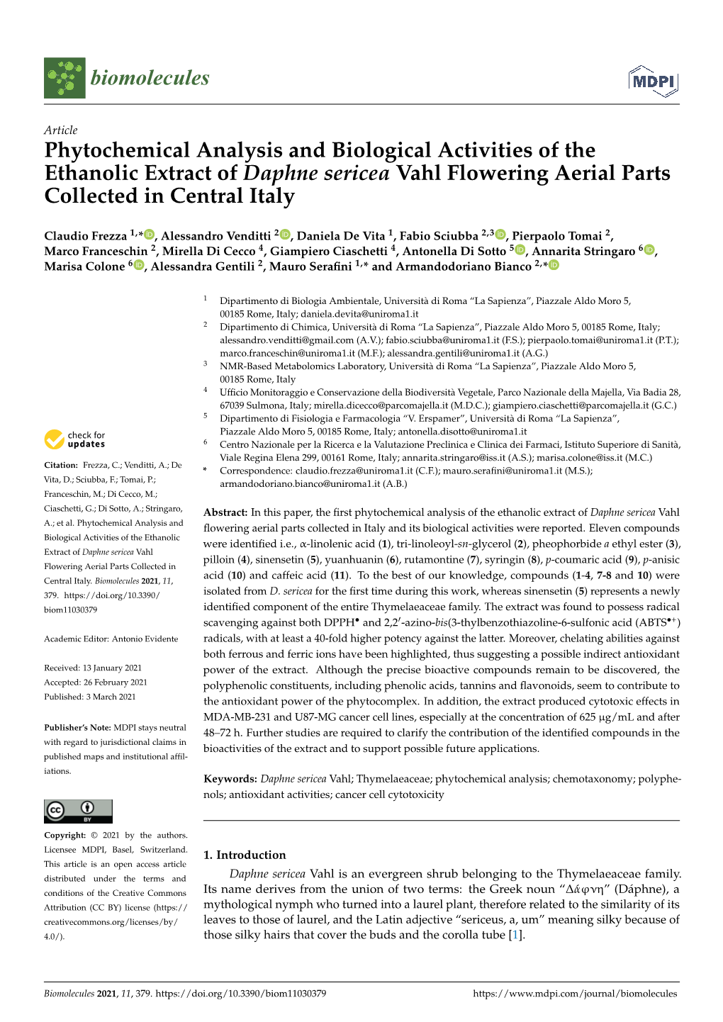 Phytochemical Analysis and Biological Activities of the Ethanolic Extract of Daphne Sericea Vahl Flowering Aerial Parts Collected in Central Italy