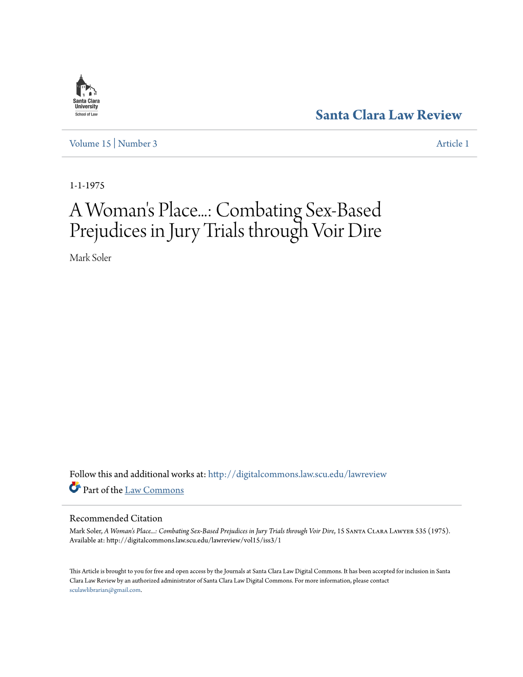 Combating Sex-Based Prejudices in Jury Trials Through Voir Dire Mark Soler