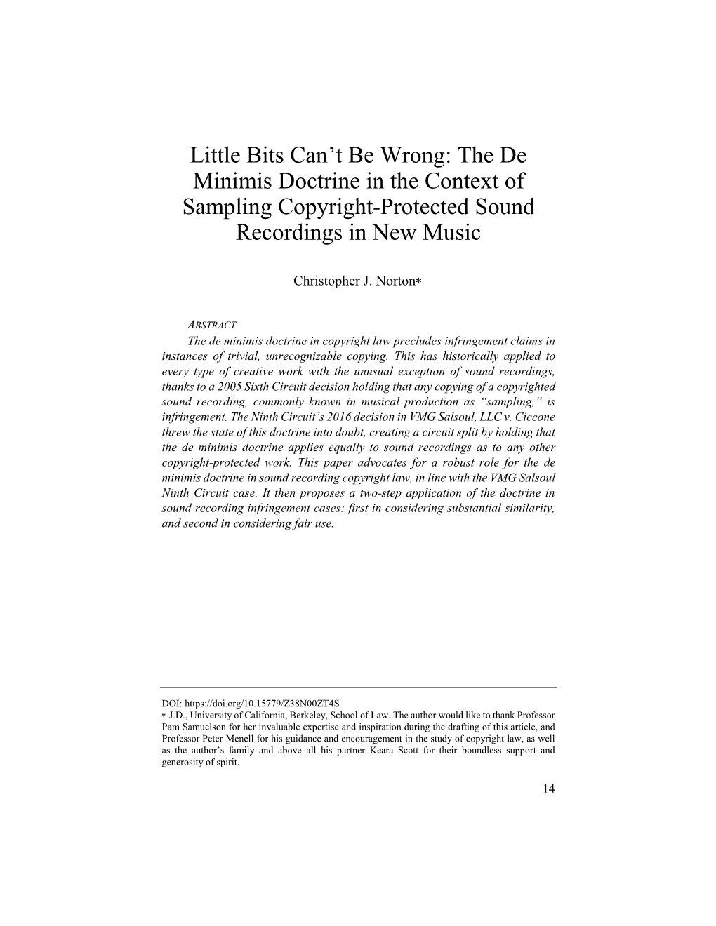 The De Minimis Doctrine in the Context of Sampling Copyright-Protected Sound Recordings in New Music