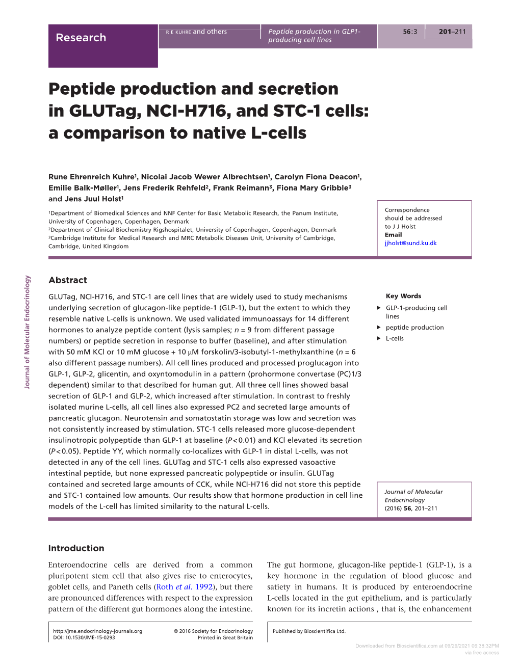 Peptide Production and Secretion in Glutag, NCI-H716, and STC-1 Cells: a Comparison to Native L-Cells