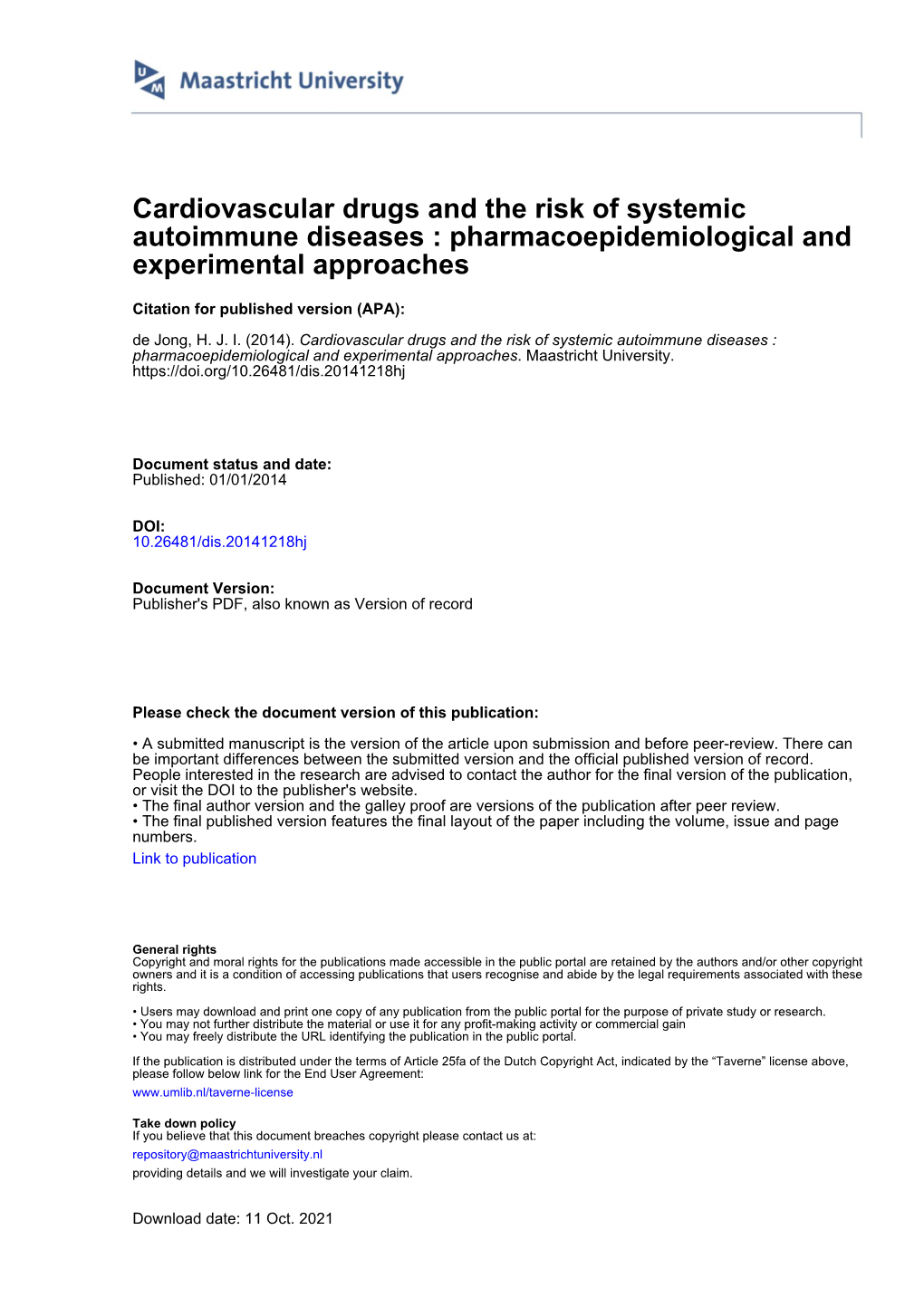 Cardiovascular Drugs and the Risk of Systemic Autoimmune Diseases : Pharmacoepidemiological and Experimental Approaches