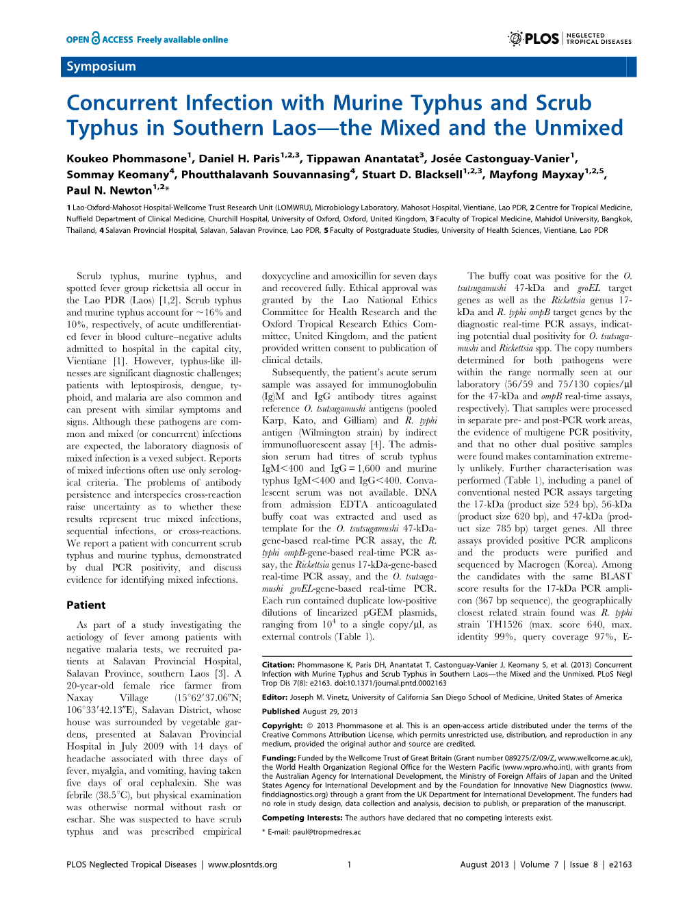 Concurrent Infection with Murine Typhus and Scrub Typhus in Southern Laos—The Mixed and the Unmixed