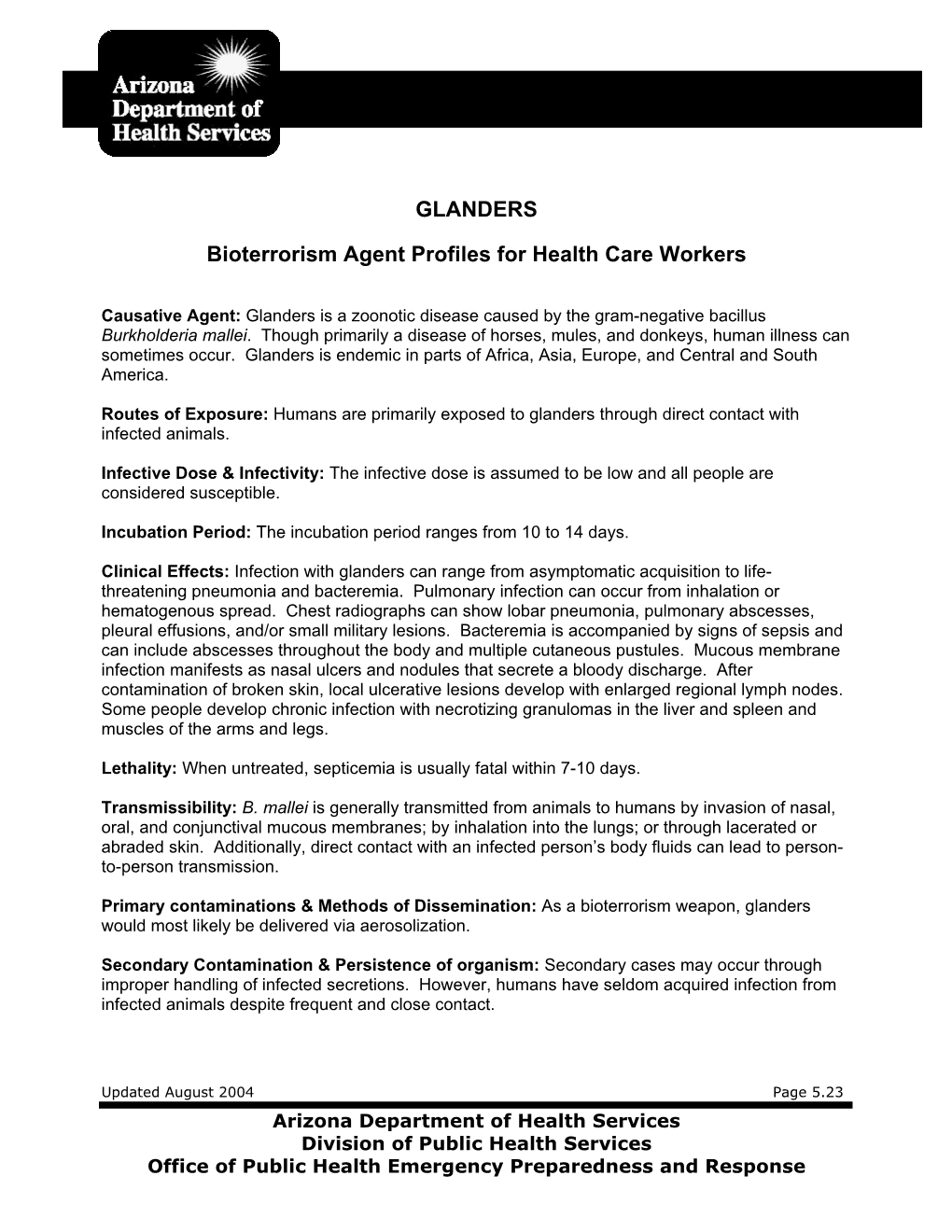 GLANDERS Bioterrorism Agent Profiles for Health Care Workers