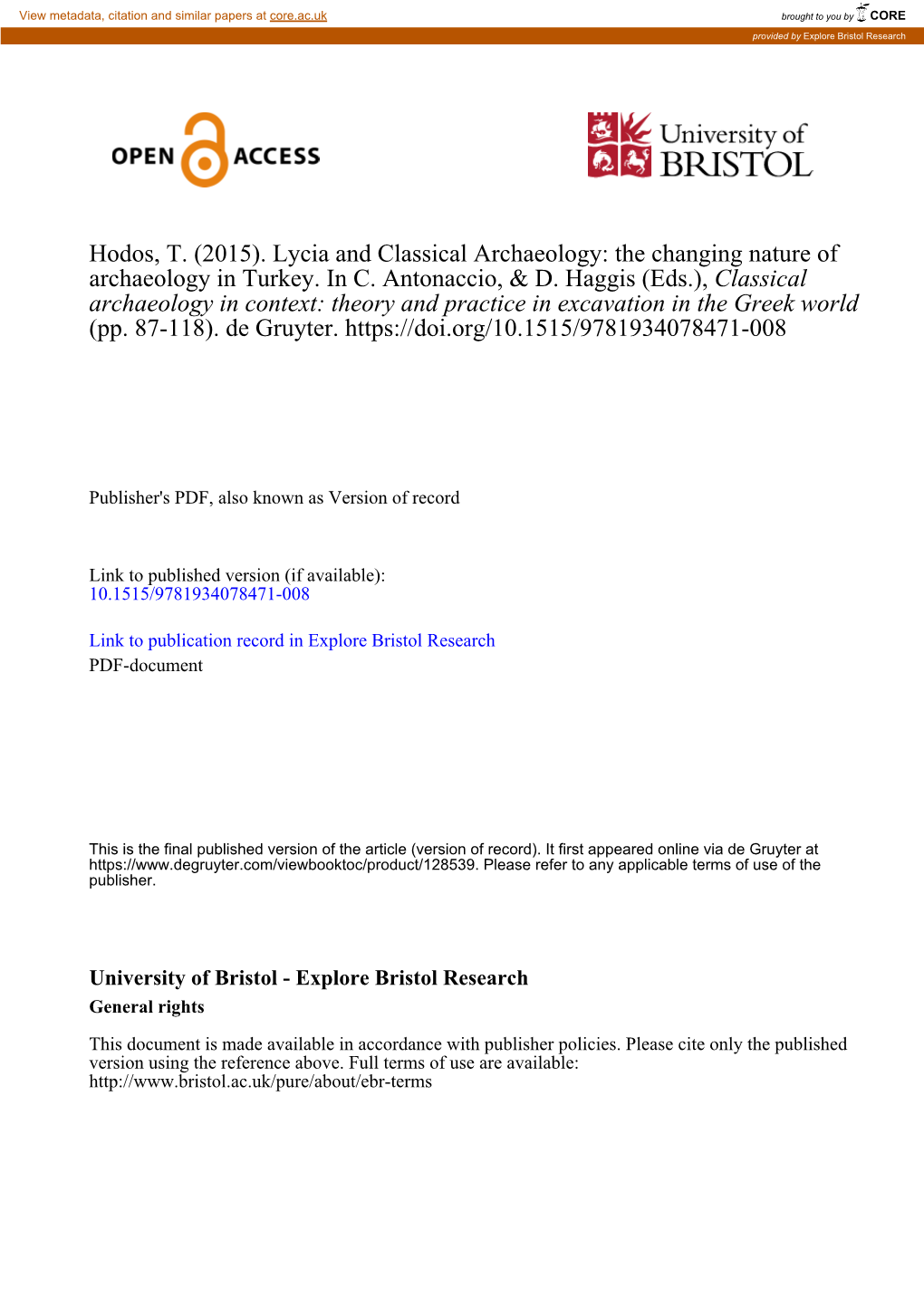 Lycia and Classical Archaeology: the Changing Nature of Archaeology in Turkey