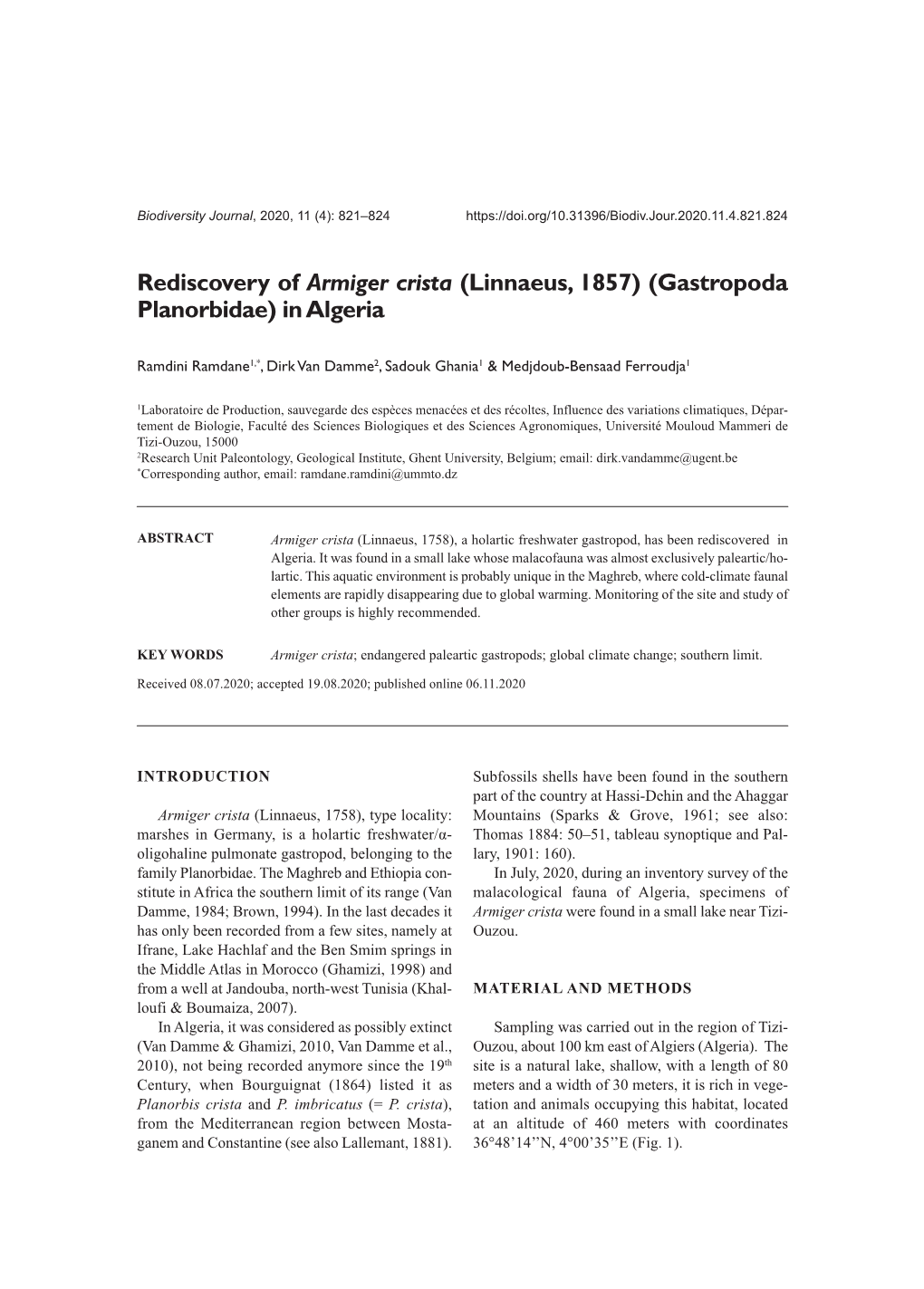 Rediscovery of Armiger Crista (Linnaeus, 1857) (Gastropoda Planorbidae) in Algeria