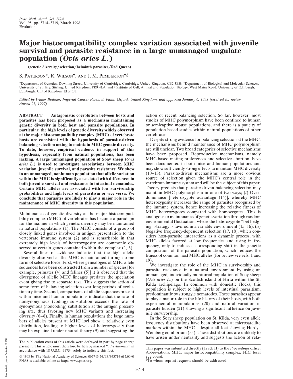 Major Histocompatibility Complex Variation Associated with Juvenile Survival and Parasite Resistance in a Large Unmanaged Ungula