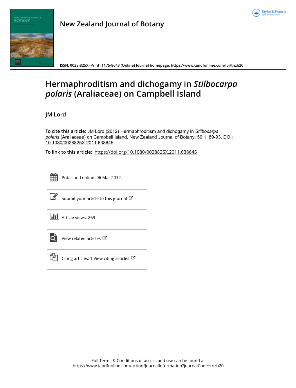 Hermaphroditism and Dichogamy in Stilbocarpa Polaris (Araliaceae) on Campbell Island