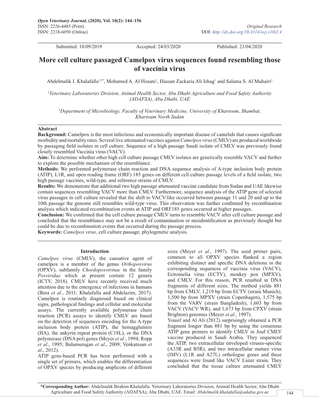 Cell Culture Passaged Camelpox Virus Sequences Found Resembling Those of Vaccinia Virus