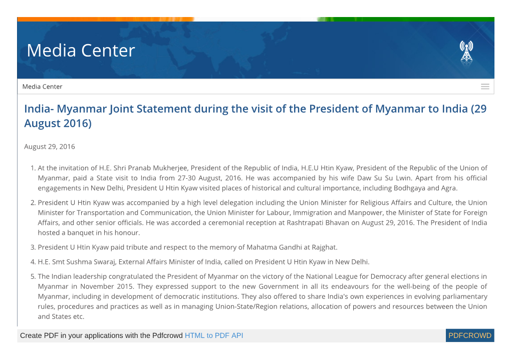 India- Myanmar Joint Statement During the Visit of the President of Myanmar to India (29 August 2016)