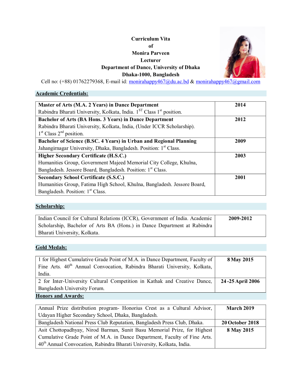 Curriculum Vita of Monira Parveen Lecturer Department of Dance
