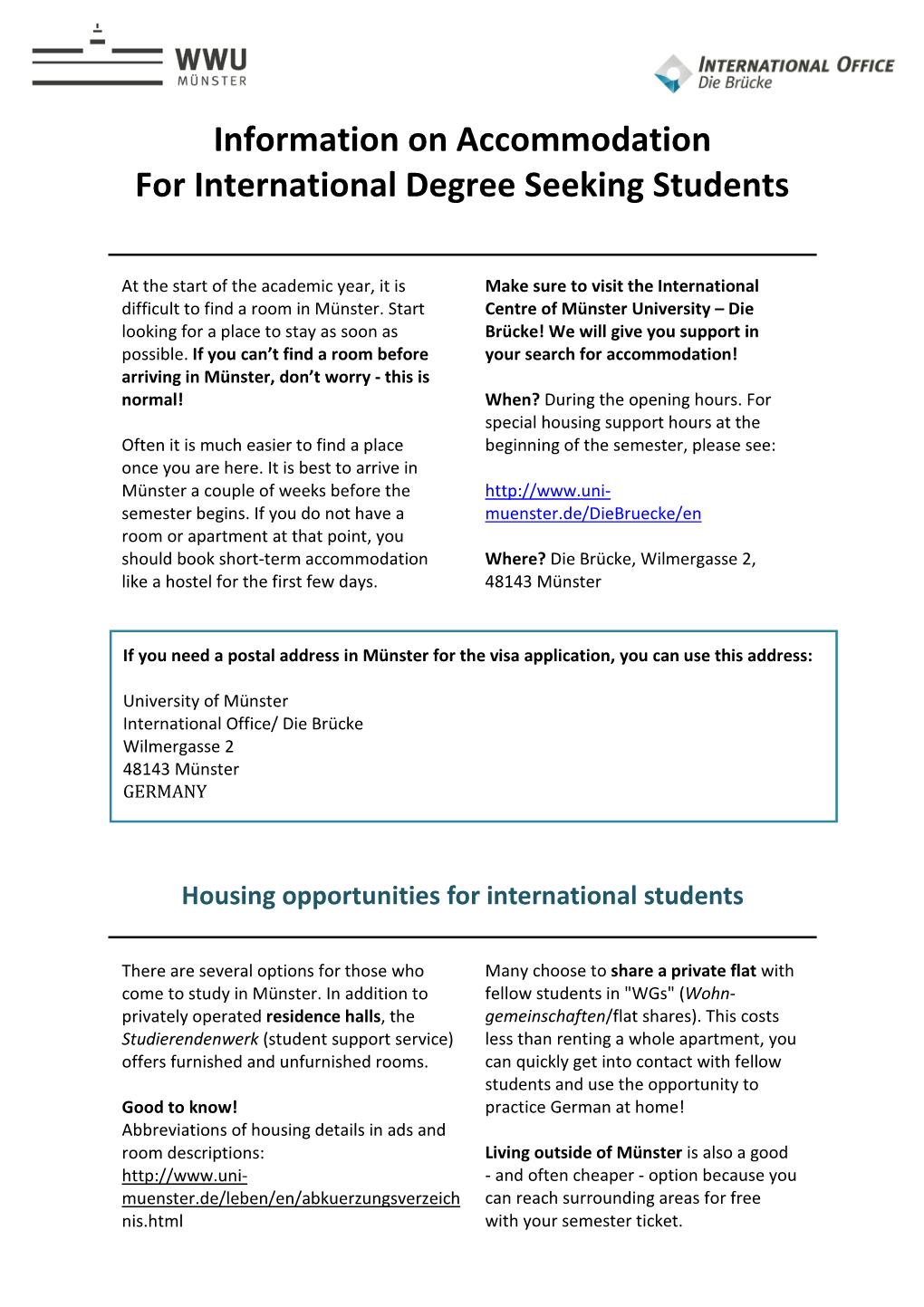 Information on Accommodation for International Degree Seeking Students