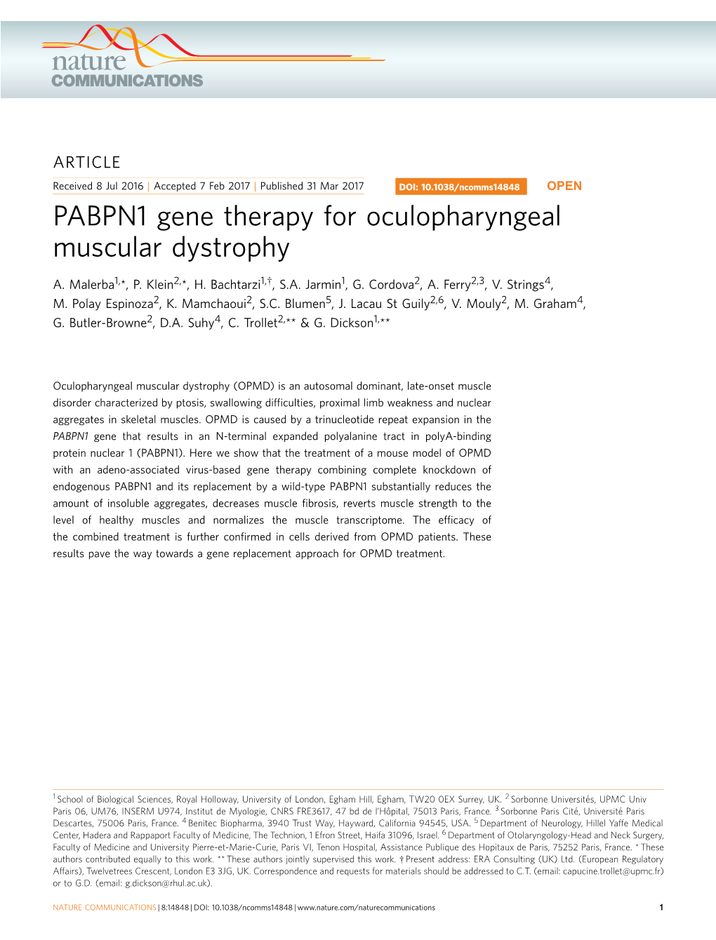 PABPN1 Gene Therapy for Oculopharyngeal Muscular Dystrophy