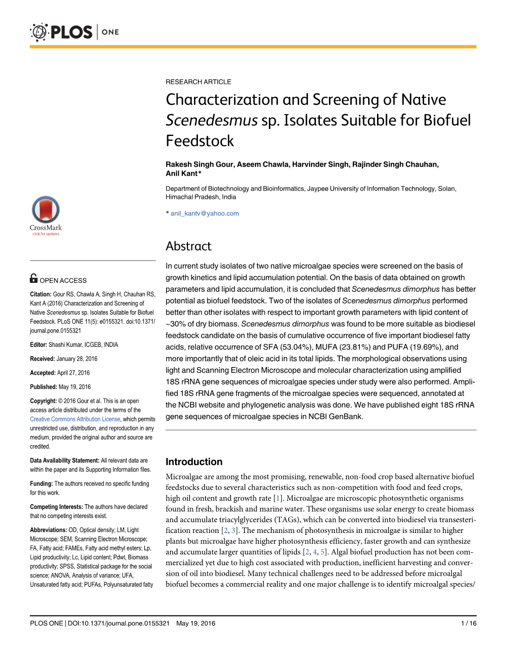 Characterization and Screening of Native Scenedesmus Sp. Isolates Suitable for Biofuel Feedstock