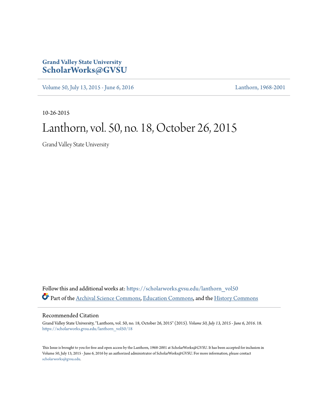 Lanthorn, Vol. 50, No. 18, October 26, 2015 Grand Valley State University