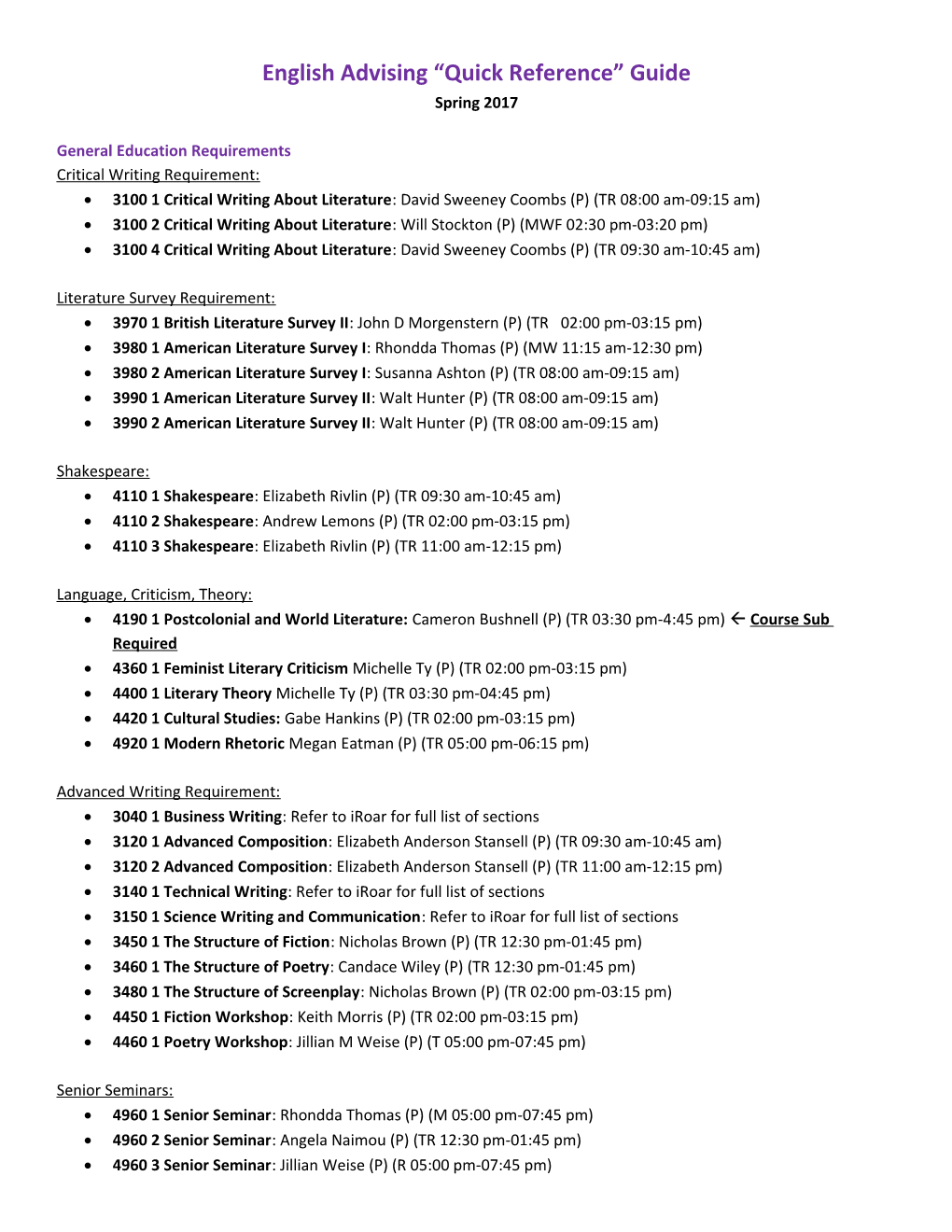 English Advising Quick Reference Guide