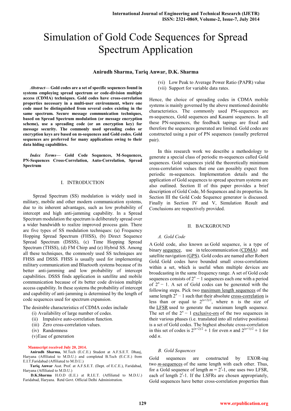 Simulation of Gold Code Sequences for Spread Spectrum Application